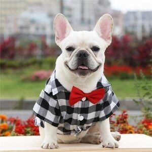 NWOT Stylish Black and White Checkered Dog Shirt with Red Bow Tie Size M